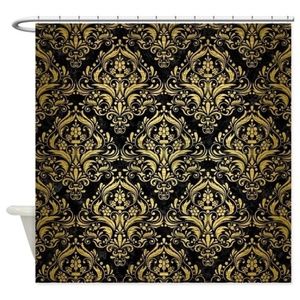 Damask Blk Marble & Gold Brushed Shwr Curtain NWOT